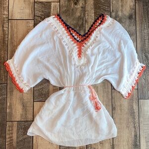 White Boho beachwear coverup with Orange and Navy Accents